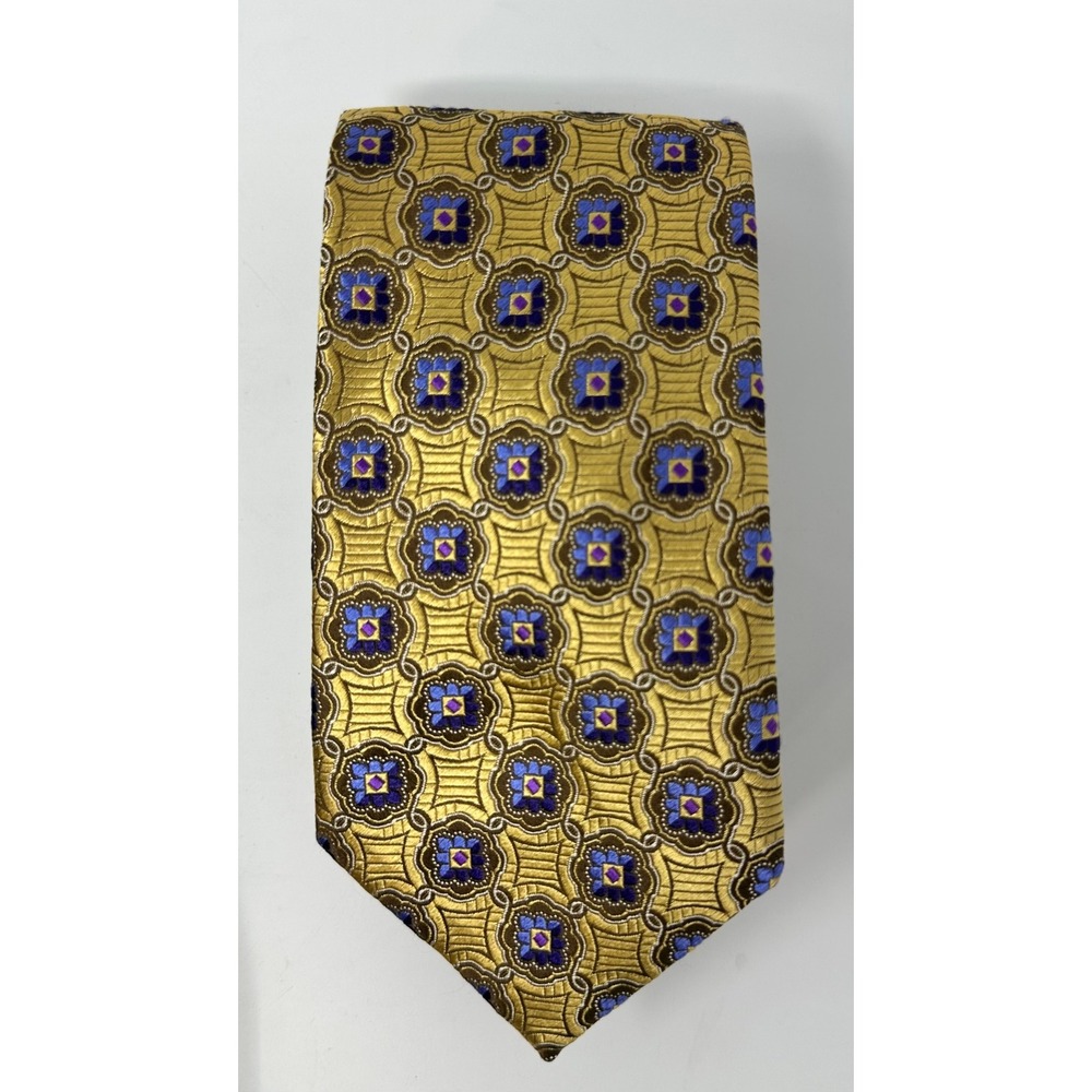 Canali Mens Silk Tie Gold Purple Blue Geometric Floral Made in Italy